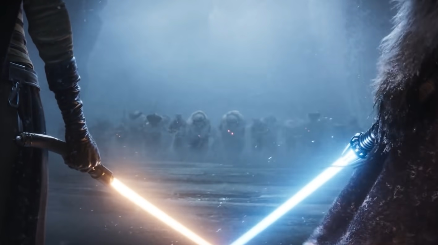 Star Wars Eclipse reveal trailer - The backs of two characters holding yellow and blue lightsabers.