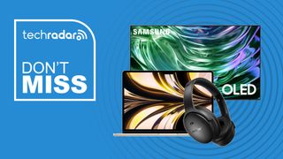 Samsung OLED TV, MacBook Air and Bose headphones on a blue background next to TechRadar Don't Miss badge