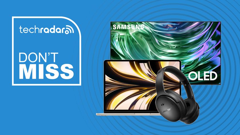 Samsung OLED TV, MacBook Air and Bose headphones on a blue background next to TechRadar Don&#039;t Miss badge