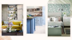 A compilation image of a living room, painted kitchen and bedroom to support experts ways to fall back in love with your home