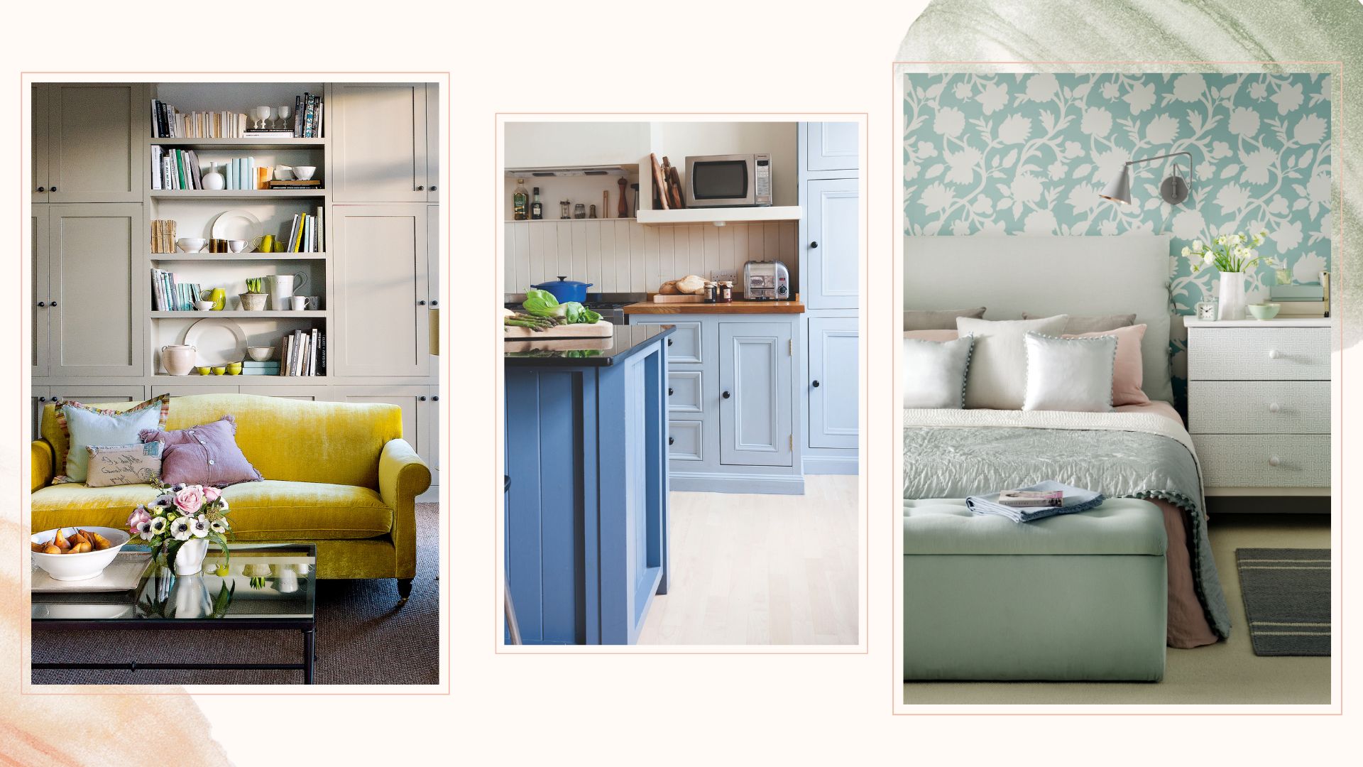 A compilation image of a living room, painted kitchen and bedroom to support experts ways to fall back in love with your home