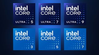 A grid of labels with the branding logos of the Intel Core and Intel Core Ultra processors