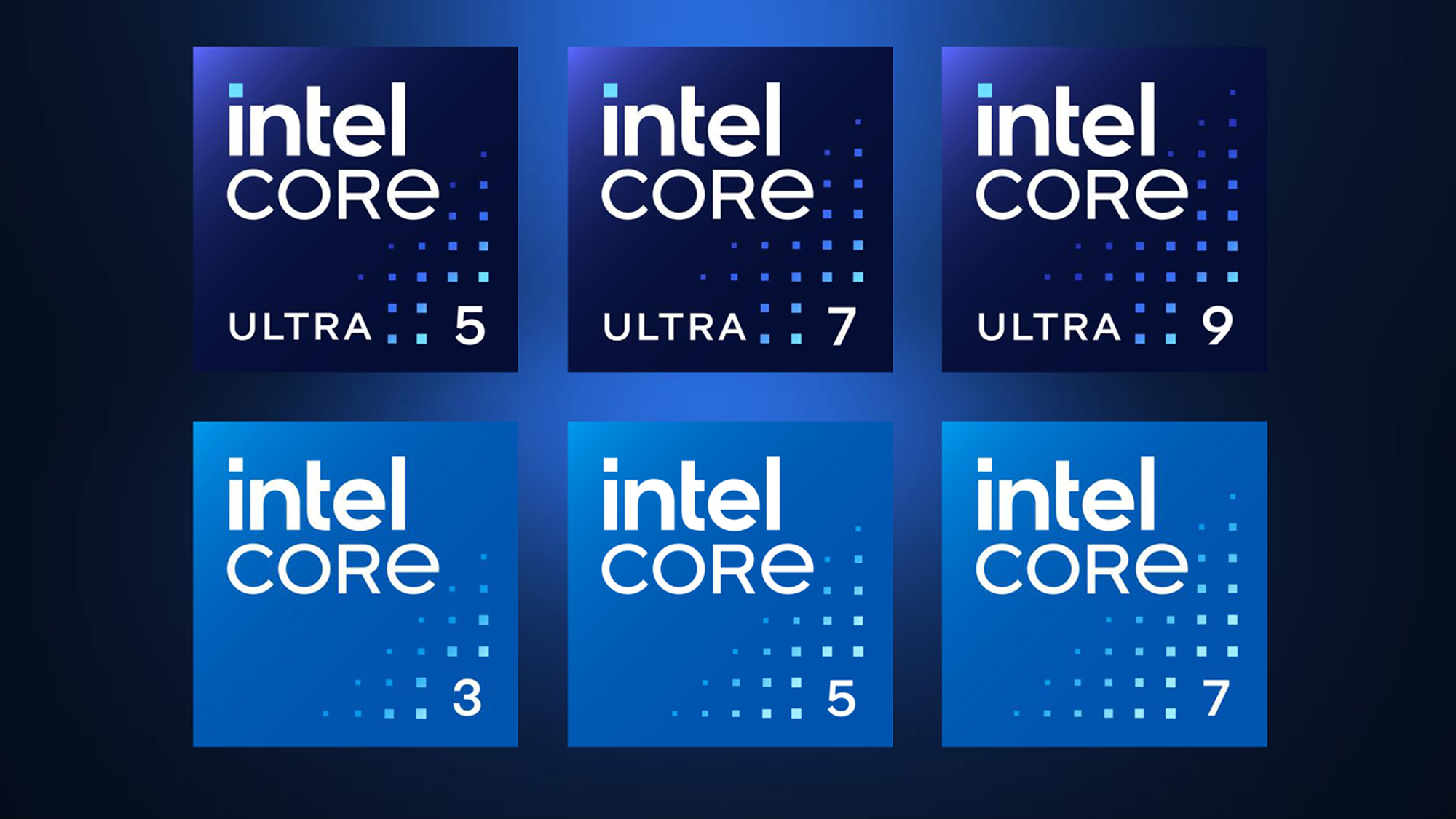 Ett rutnät av etiketter med varumärkeslogotyperna för Intel Core- och Intel Core Ultra-processorerna.