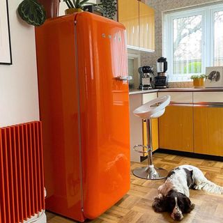seventies style kitchen with orange fridge