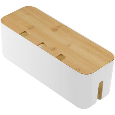 white desk cable tidy with wooden lid from Amazon