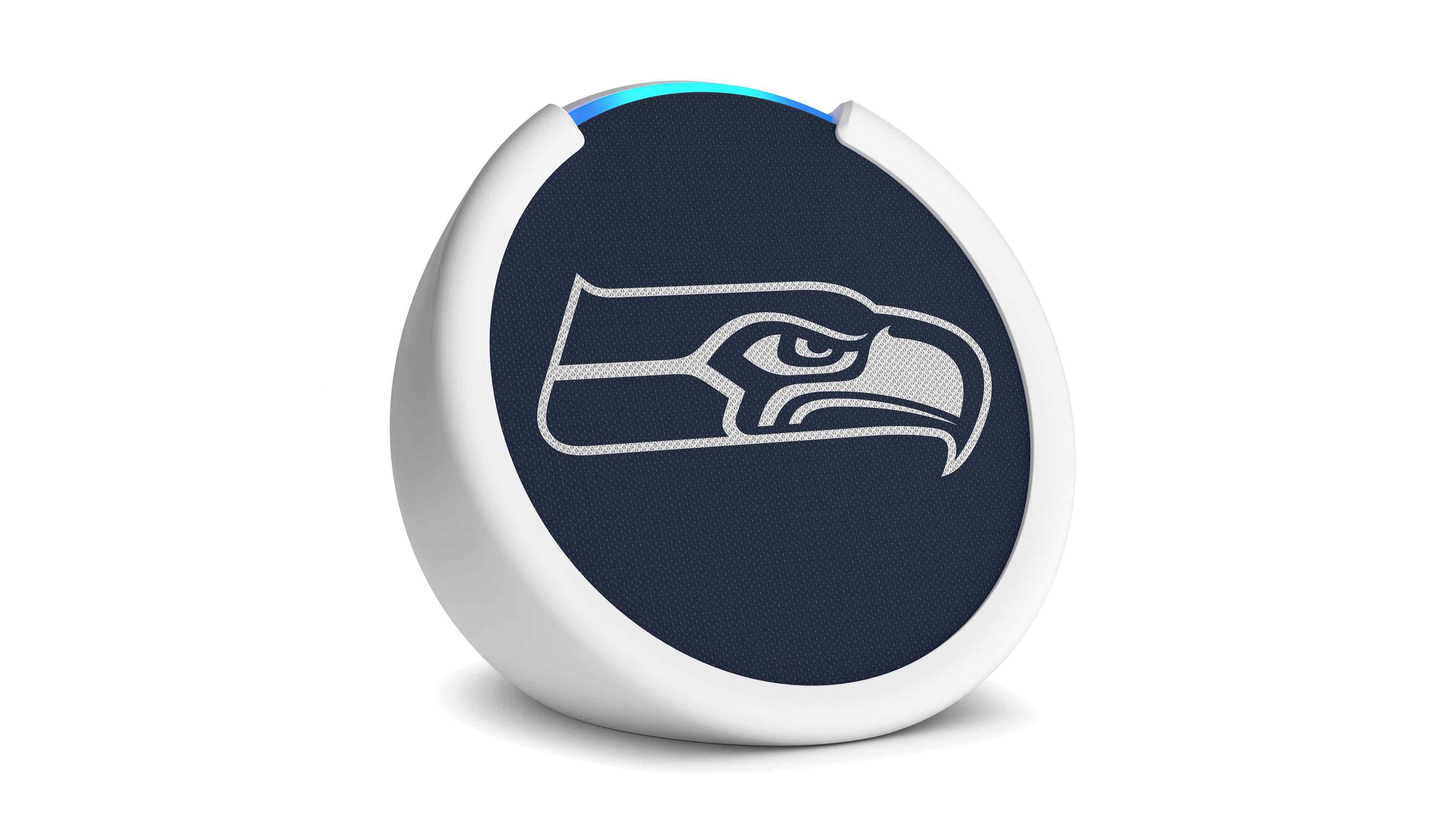 Amazon Echo Pop, Seattle Seahawks face plate and sleeve.