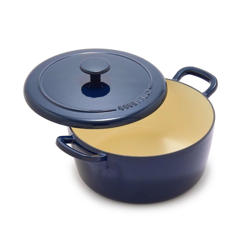 Navy blue and cream enamelled cast iron Dutch oven