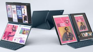 White background with 4 different Lenovo devices on it including a tablet with attached keyboard and a laptop