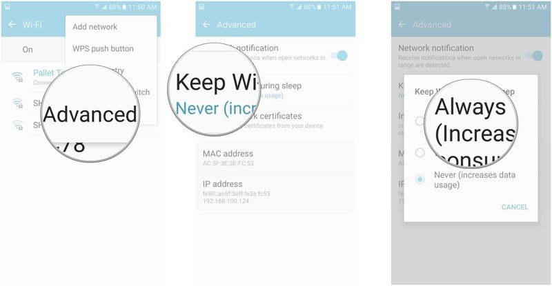 tap Advanced, tap Keep Wi-Fi on during sleep, tap Always