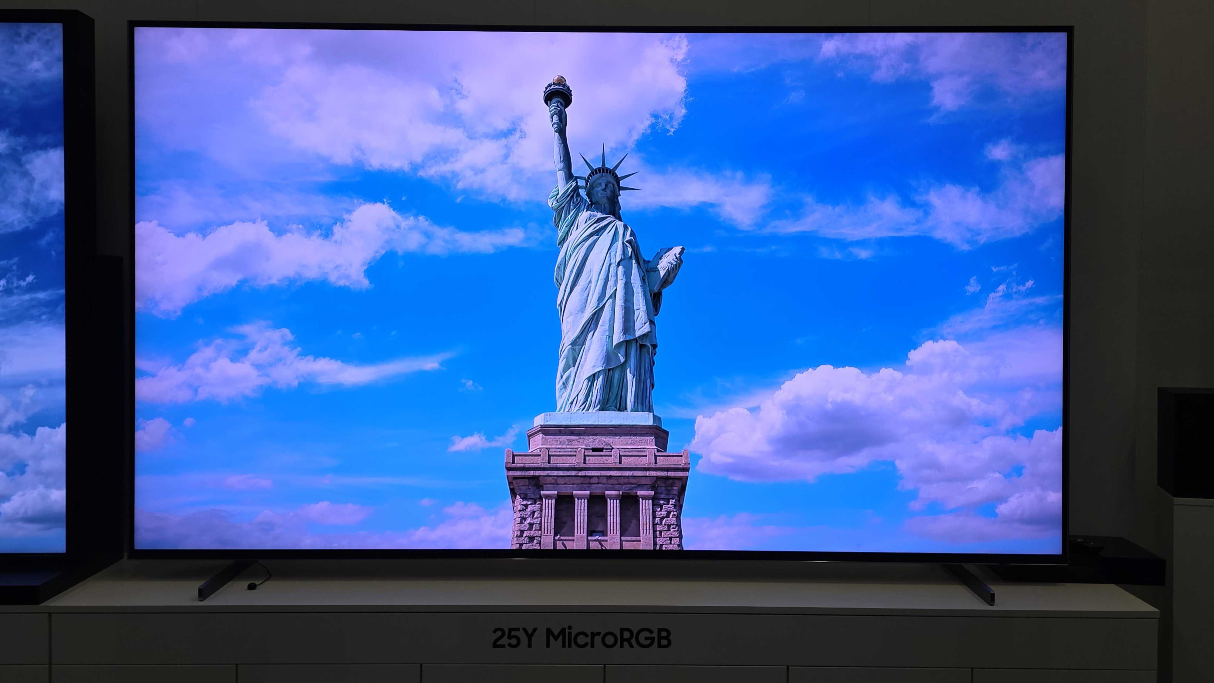 A 115-inch Samsung RGB LED TV on a white stand with colourful demo content on screen featuring the Statue of Liberty and a hot air balloon made of roses.