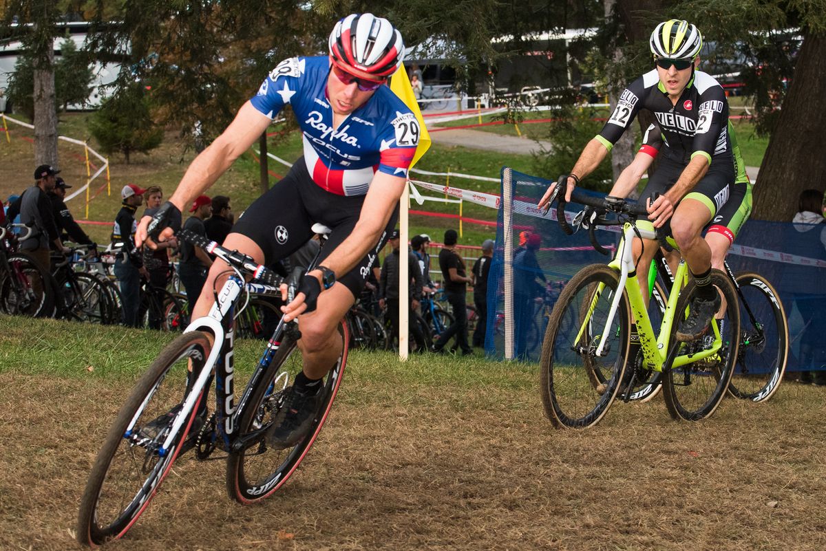 Jeremy Powers (Rapha Focus) leading through a corner mid-race