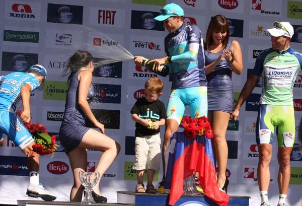 Brajkovic celebrates his win with podium champagne antics