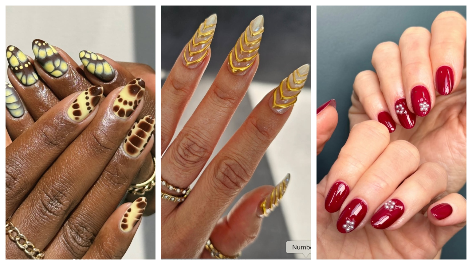three manicures on hands side by side in yellow and brown, gold, and red