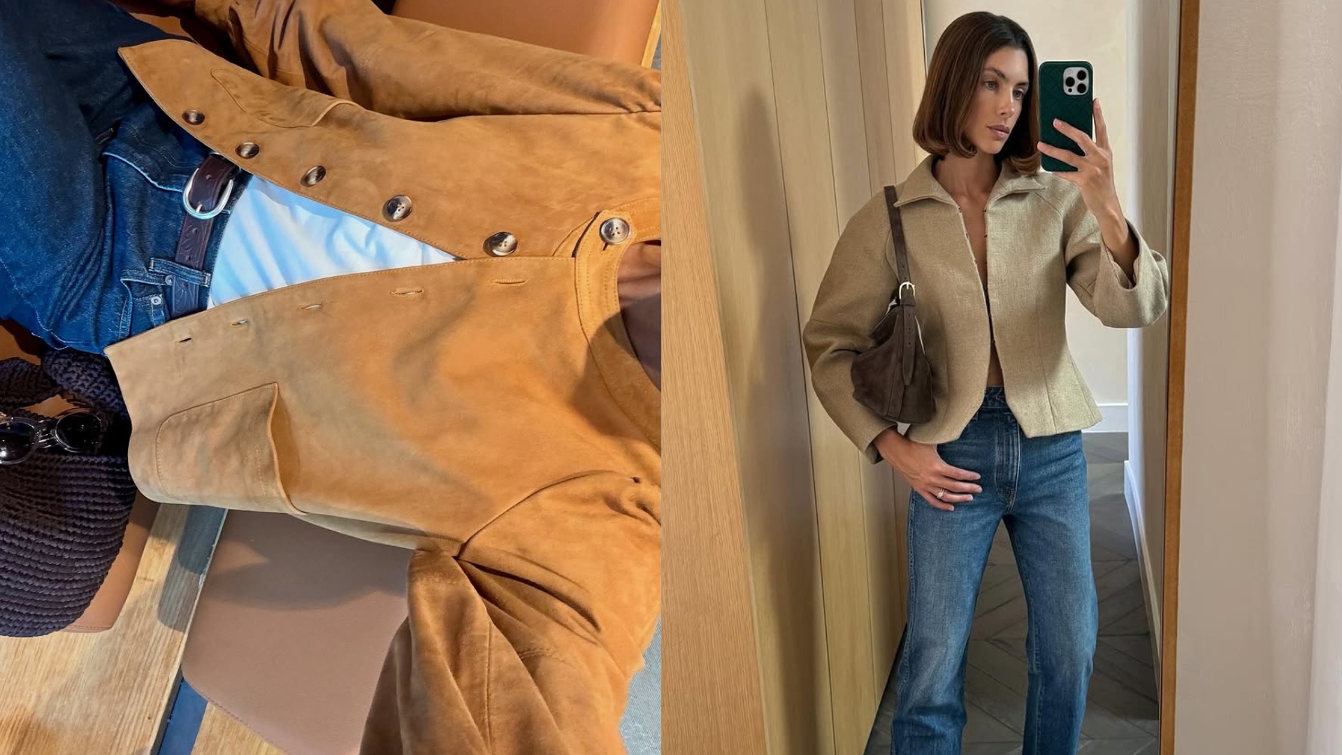 Women wearing tan jackets with jeans.