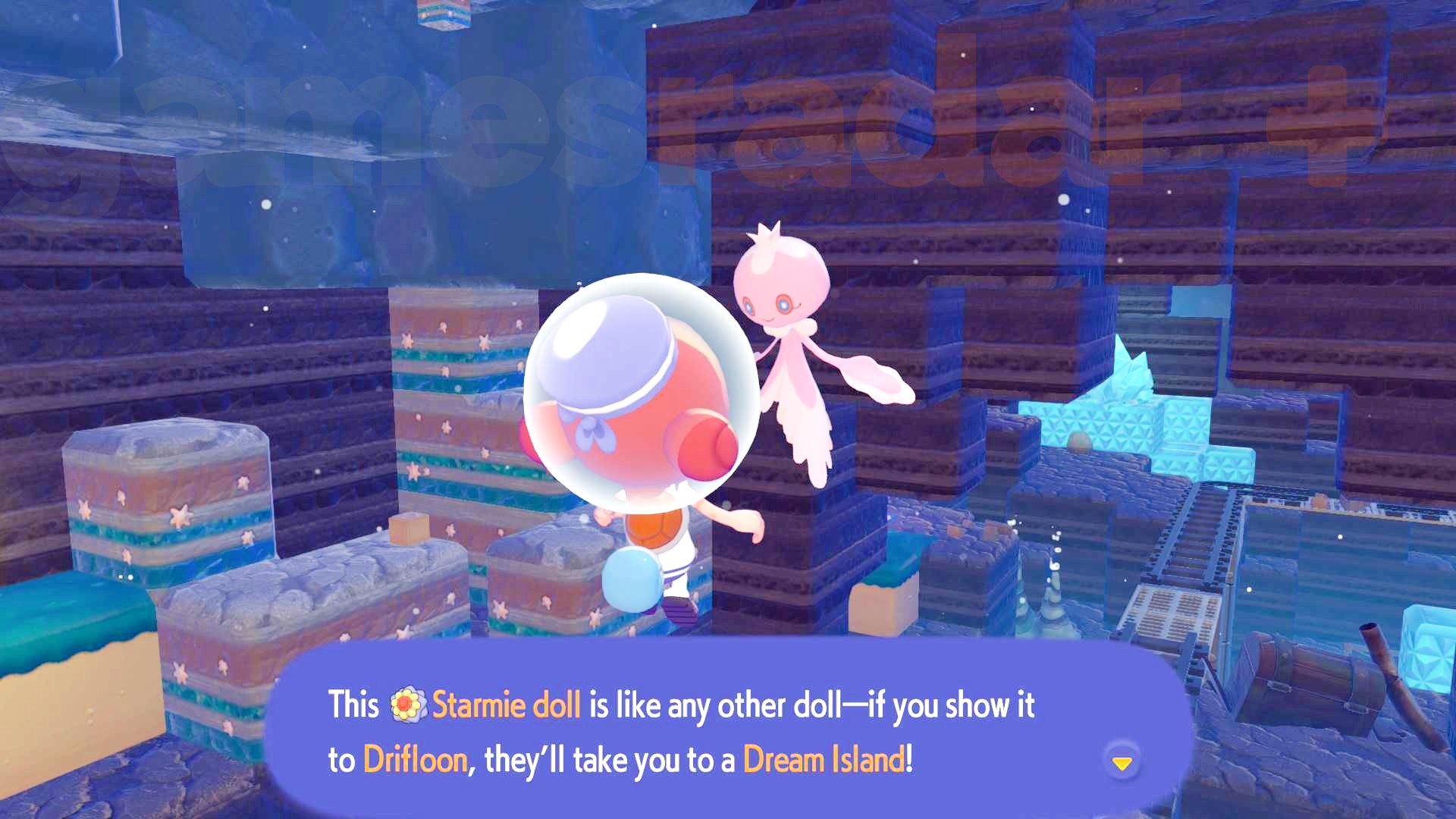 Frillish talks to Ditto about the Starmie Doll in Pokopia.