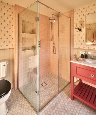 A bathroom featuring a glass-enclosed walk-in shower with peach-coloured vertical tiles and built-in recessed shelves containing small plants and toiletries. The shower includes a rainfall showerhead and a handheld attachment. The floor is tiled with white hexagonal tiles.