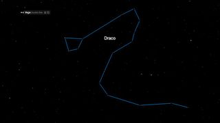 The image depicts the constellation Draco in the night sky. Its stars are connected with lines to outline its shape, resembling a dragon. The name "Draco" is labeled prominently in the center, and the star Vega, labeled as a "Double Star," is visible in the upper-left corner. The background is a star-filled sky.