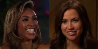 Tayshia Adams and Kaitlyn Bristowe look on and smile on The Bachelorette and Bachelor Nation