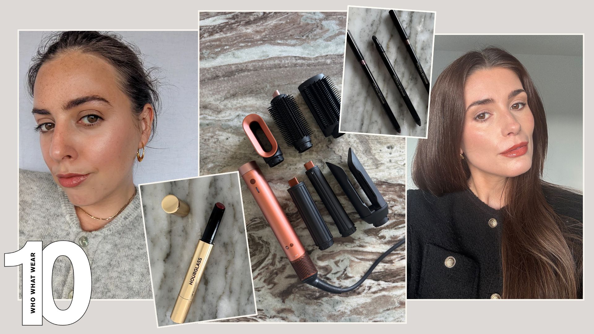 Shannon Lawlor and Eleanor Vousden with a collage of iconic beauty products including the Dyson Airwrap, Hourglass Phantom Lip and Victoria Beckham Beauty Satin Kajal Liners