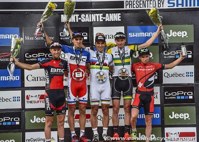 Elite Men podium: Lukas Fluckiger, Julien Absalon, Nino Schurter, Dan McConnell, Mathias Fluckiger