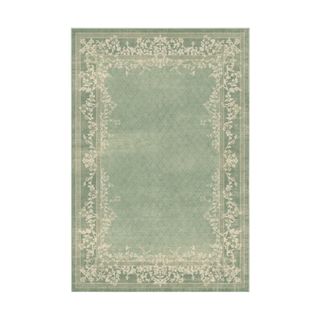 A green rectangular rug with a light green patterned border around it