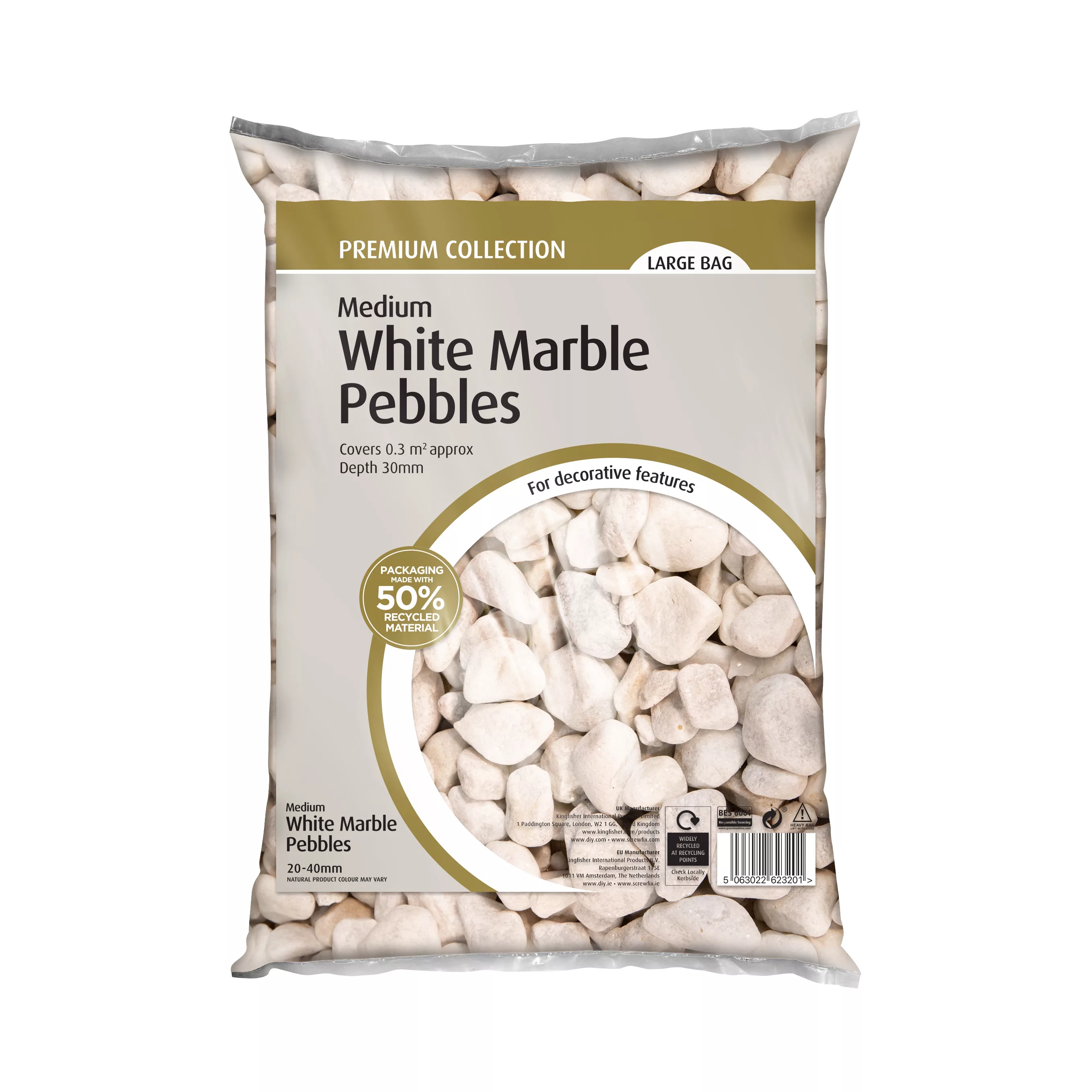White 20-40mm Pebbles, 0.3m&amp;sup2; 19kg