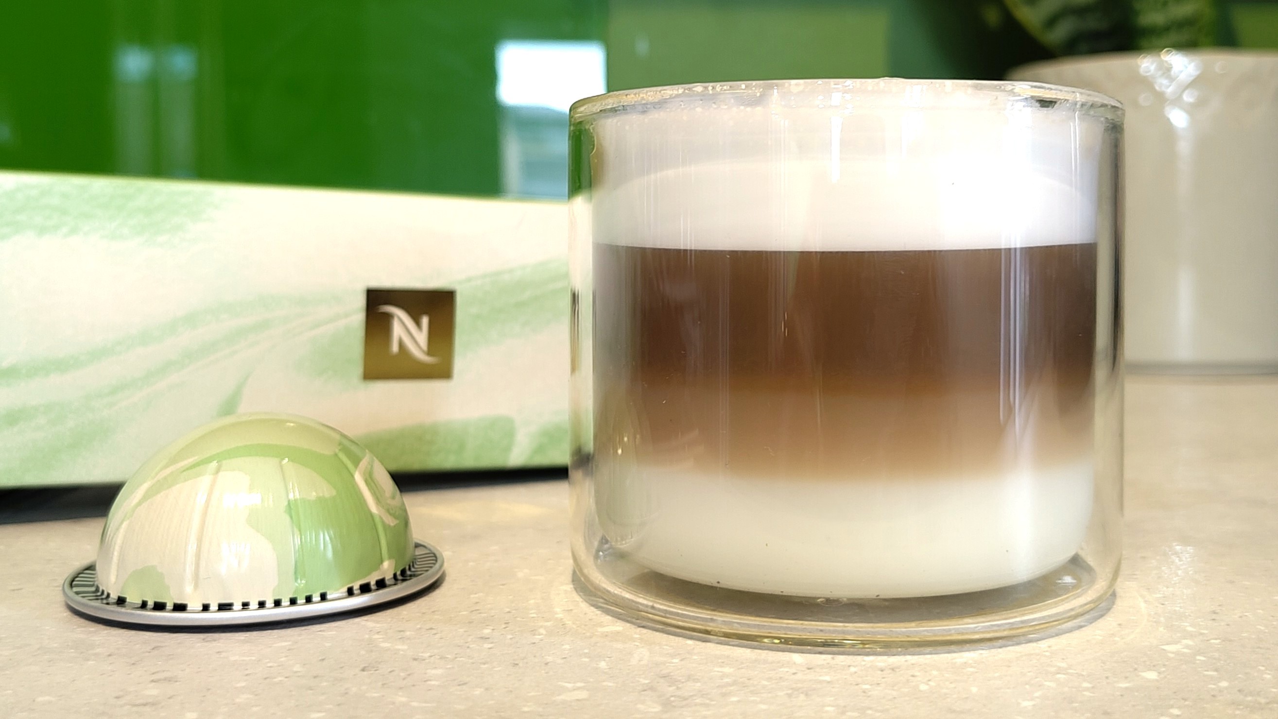 Latte macchiato made using Nespresso Vanilla Pistachio capsule