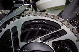 Detail of SRAM Red chainset fitted to Jonan Vingegaard's Cervelo S5 race bike