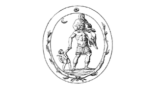 circular illustration of a man holding his son by the hand and bearing his father upon his shoulders. the moon shines overhead