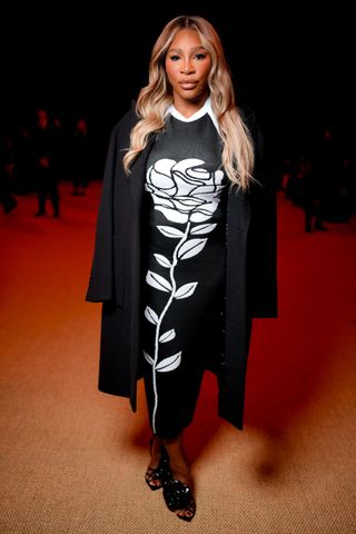 Serena Williams Balmain show rose dress flower black leather sandals heels trends fall 2024 Paris Fashion Week