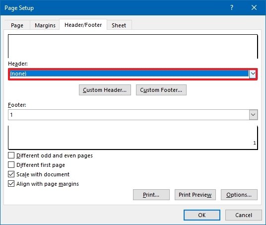 Excel page setup remove header