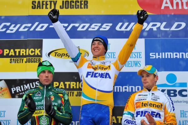 Tom Meeusen celebrates on the podium in Kalmthout