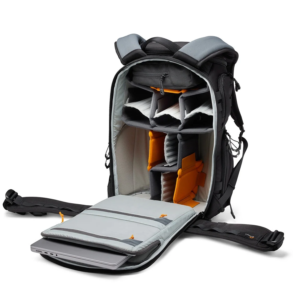 Lowepro ProTactic BP 350 AW III opened to show inner compartments in a white square