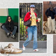 a collage of the best 2026 retro sneakers on Jenna Ortega, Jennifer Lawrence, Nikki Ogunnaike, Halie LeSavage, and a woman at new york fashion week