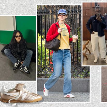 a collage of the best 2026 retro sneakers on Jenna Ortega, Jennifer Lawrence, Nikki Ogunnaike, Halie LeSavage, and a woman at new york fashion week