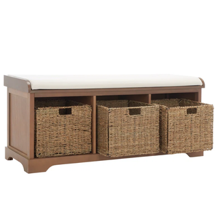 a canvas upholstered storage bench with wicker backets