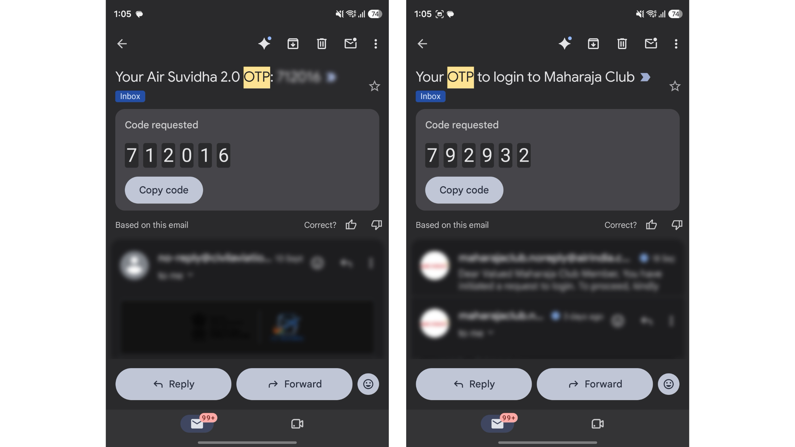 New copy code shortcut in the Gmail app
