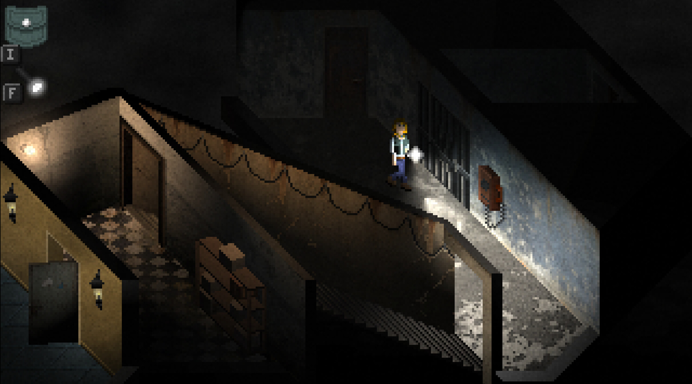 Deep Sleep: Labyrinth of the Forsaken screenshot of Amy navigating a dark hallway in a derelict house using her flashlight