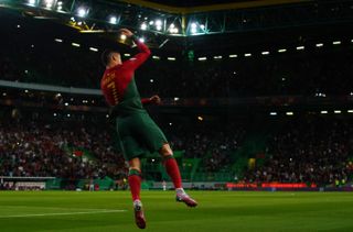 Cristiano Ronaldo celebrates after scoring for Portugal against Liechtenstein in 2023.