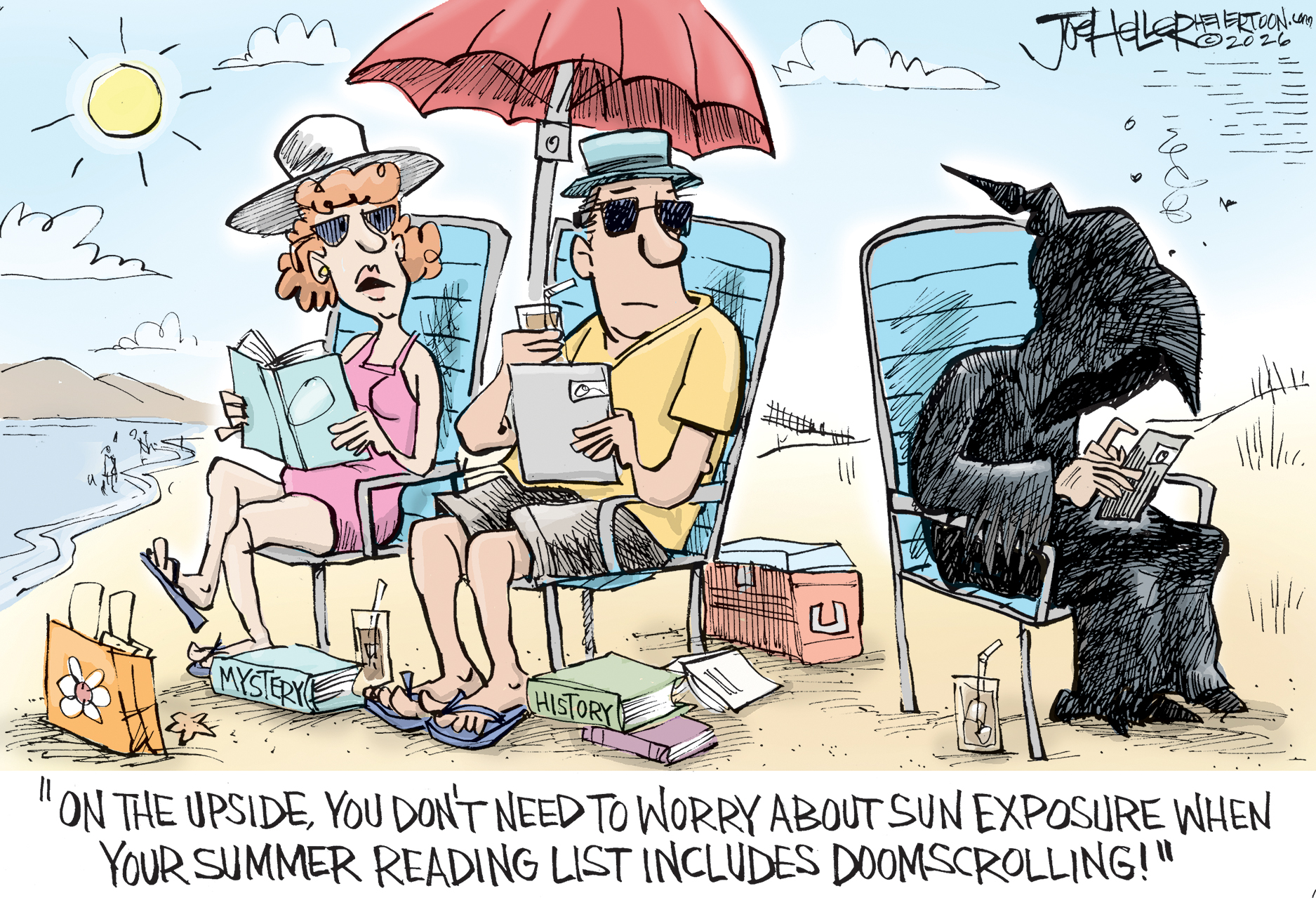 A man and a woman reading books on a beach look at another person, who is covered head to toe in a black outfit and scrolls on a cell phone. The woman says, &amp;ldquo;On the upside, you don&amp;rsquo;t need to worry about sun exposure when your summer reading list includes doomscrolling!&amp;rdquo;