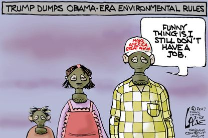Political Cartoon U.S. President Trump repeal Obama EPA regulations unemployed