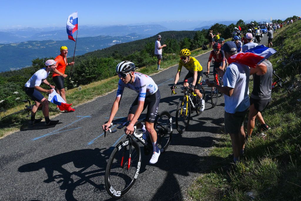 Tadej Pogačar and Jonas Vingegaard climb the Col du Grand Colombier during the Tour de France 2023