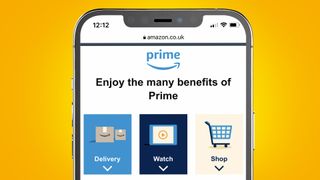 An iPhone on a yellow background showing the Amazon Prime landing page