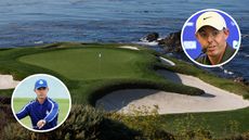 Main image of Pebble Beach golf links and two inset images of Sam Westwood (bottom left) and Rory McIlroy (top right)