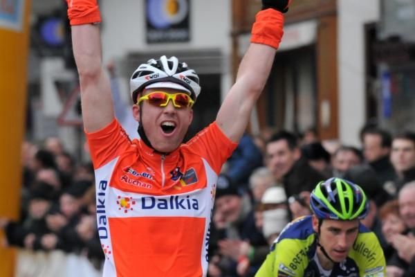 A jubilant Cedric Pineau celebrates after winning Paris-Troyes.