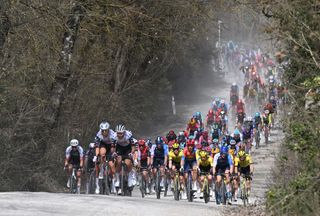 SIENA ITALY MARCH 08 A general view of the peloton competing during the 19th Strade Bianche 2025 Mens Elite a 213km one day race from Siena to Siena 320m UCIWT on March 08 2025 in Siena Italy Photo by Tim de WaeleGetty Images