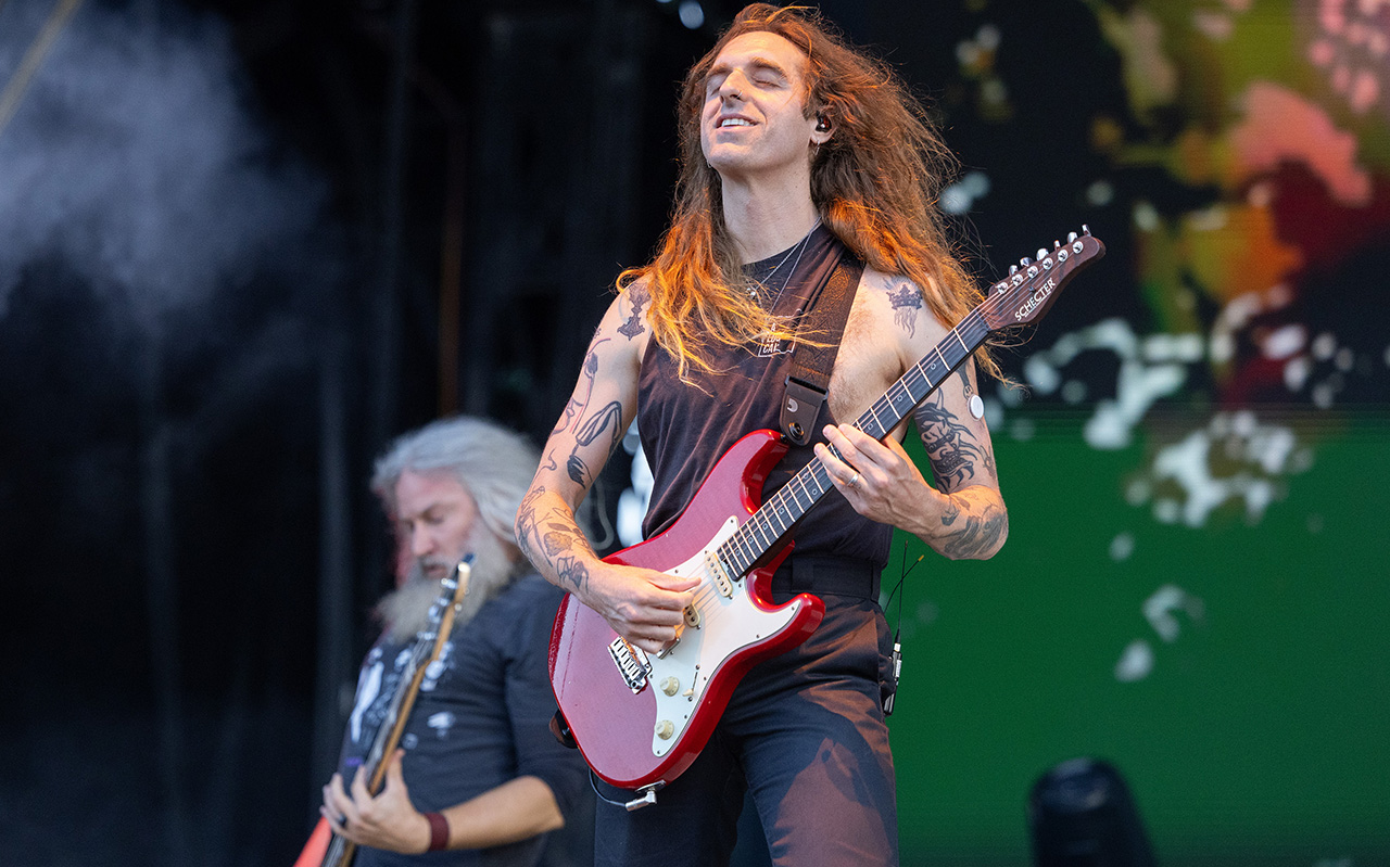 Troy Sanders and Nick Johnston of Mastodon perform at the Festival d'été de Québec on July 11, 2025 in Quebec City, Quebec.