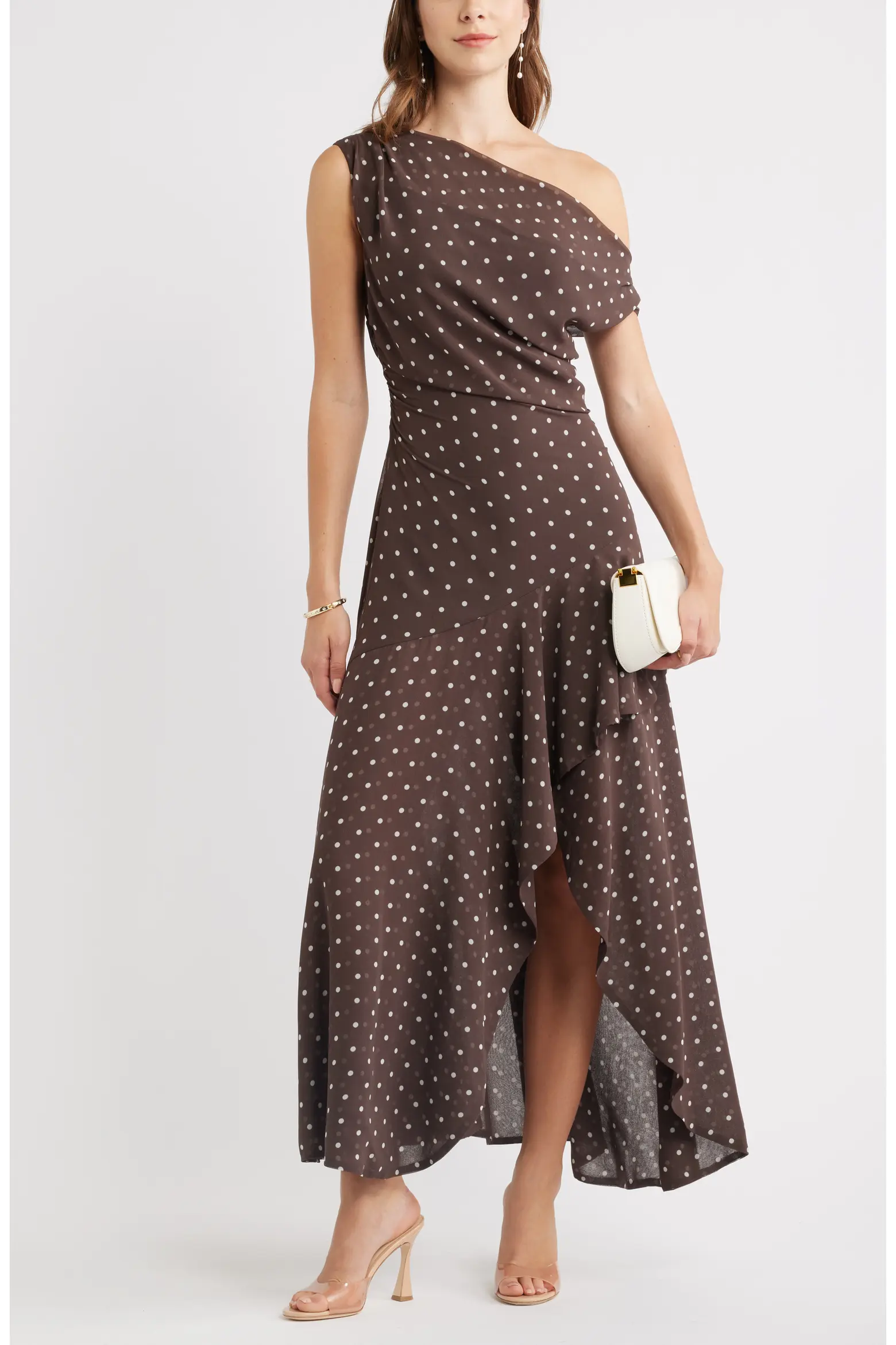 Chelsea28, Cascading Off the Shoulder Evening Dress