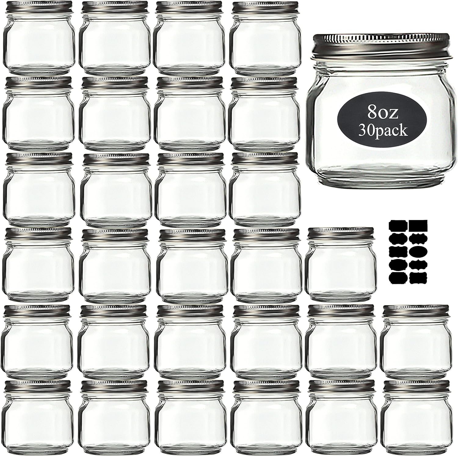 Mason Jars 8 Oz 30 Pack- Small Mason Jars With Silver Lids -1/4 Quart Canning Jars| Storage Glass Jars With Lids for Jelly, Jam, Honey, Pickles - Spice Glass Jars - With 30 Chalkboard Labels