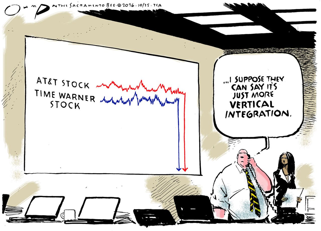 Editorial cartoon U.S. Time Warner AT&amp;amp;amp;T stocks fall